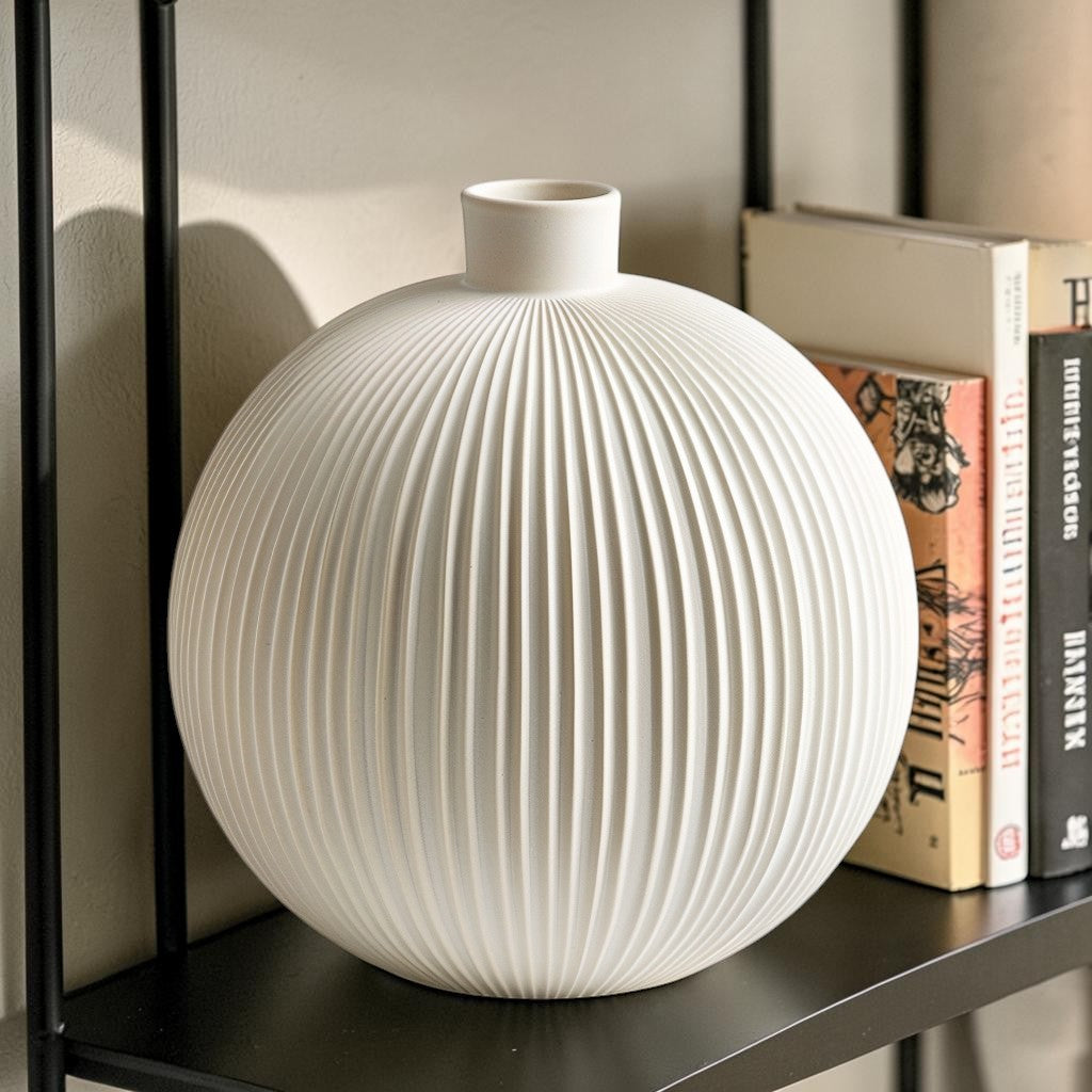 Haved Spherical Ceramic Ribbed Vase Textured Matte Flower Pot
