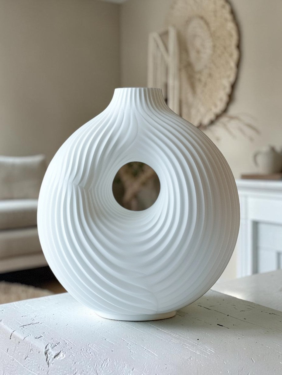 Haved Geometric Donut Ceramic Ribbed Vase Nordic Circular Design