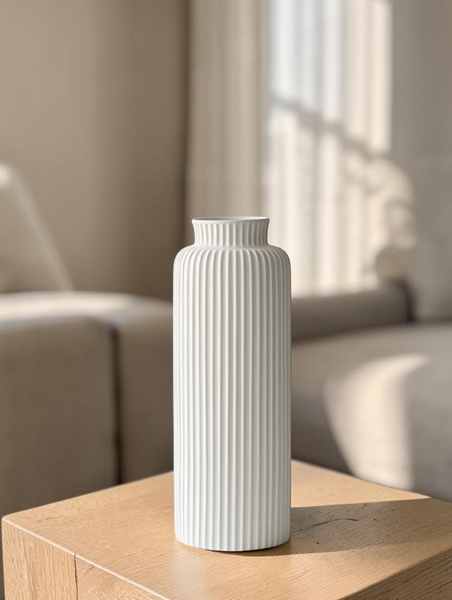 Haved Minimalist Cylinder Ceramic Ribbed Vase for Home Decor
